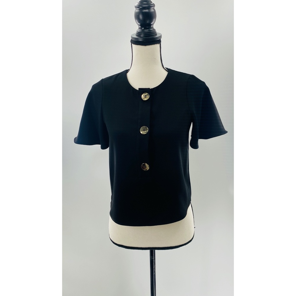 Zara TRF Black w/ Gold Button‎ Down Short Tulip Sleeve Top/ Shirt
